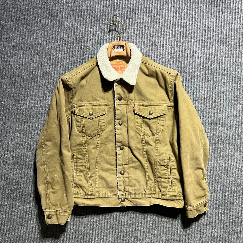 Levis Sherpa Lined Trucker Jacket Mens Medium Tan Khaki Canvas Workwear Coat